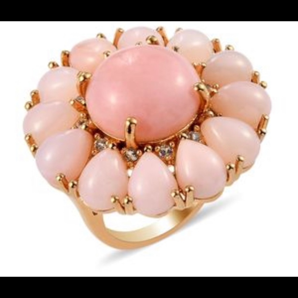 Pink Opal and White Zircon Floral Ring Vermeil Yellow Gold Over Sterling Silver